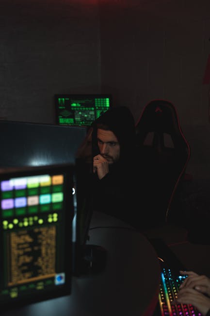 Hooded individual in a dimly lit room working on a computer, reflecting cyber security themes.
